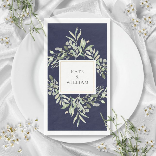 Servilleta De Papel Verde Botánico Foliage Azul Marino Boda (Botanical Greenery Foliage Navy Blue Wedding Paper Guest Towels)