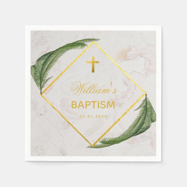 Servilleta De Papel Verde de Bautizo en Mármol con Hojas de Helecho en (Anverso)