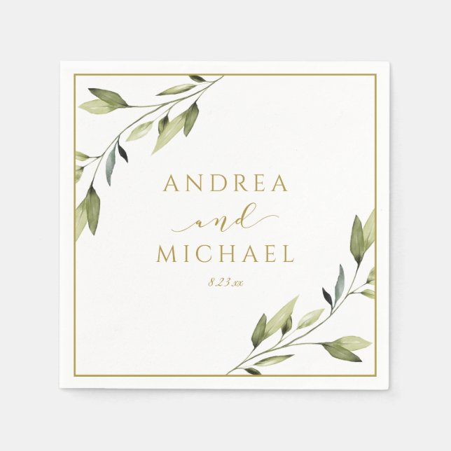 Servilleta De Papel Verde de Boda Hojas de Oro Enredaderas (Anverso)
