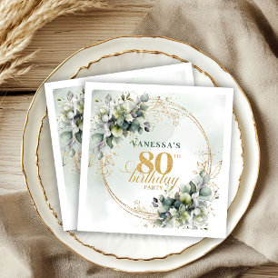 Servilleta De Papel Verde Elegante y Botánico Dorado Cumpleaños 80  