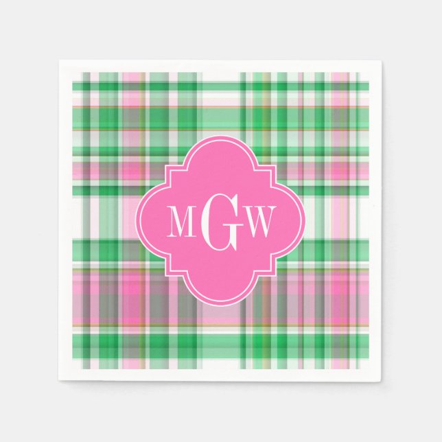 Servilleta De Papel Verde Esmeralda Rosa Caliente Blanco Madras Monogr (Anverso)
