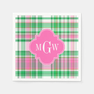 Servilleta De Papel Verde Esmeralda Rosa Fuerte Blanco Madras Monogram