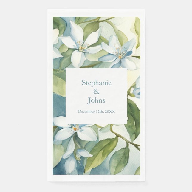 Servilleta De Papel Verde floral blanco Boda de arte azul turbio (Anverso)