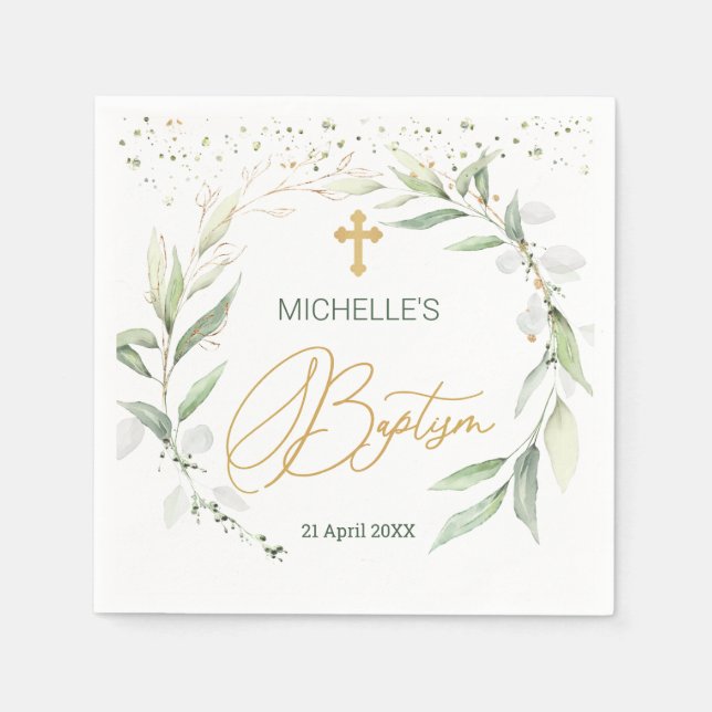 Servilleta De Papel Verde Foliage Cross Baptism (Anverso)