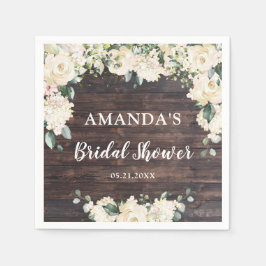 Servilleta De Papel Verde follaje rústico madera boho rosas blancas