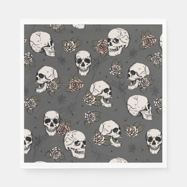 Servilleta De Papel Verde gris oscuro gótico Calaveras y rosas de Hall (Anverso)