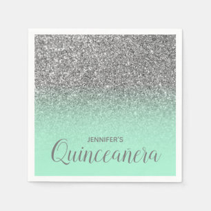 Servilleta De Papel Verde menta y plata Glitter Ombre Quinceañera