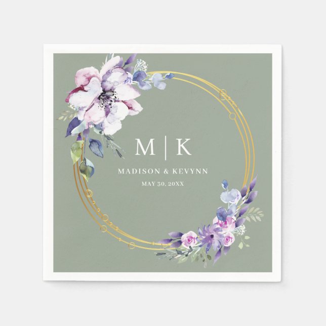 Servilleta De Papel Verde mínimo y de Moda morado dorado sabio | Boda (Anverso)