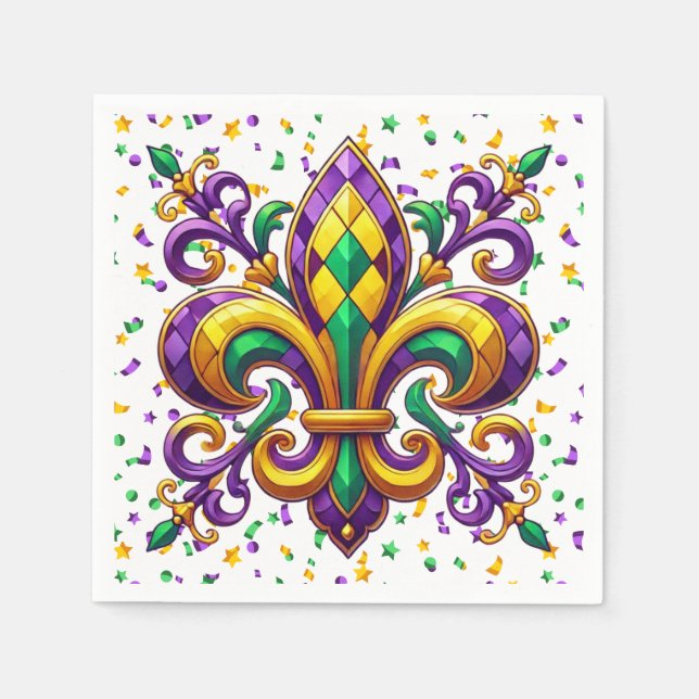 Servilleta De Papel Verde morado Mardi Gras fleur de lis (Anverso)