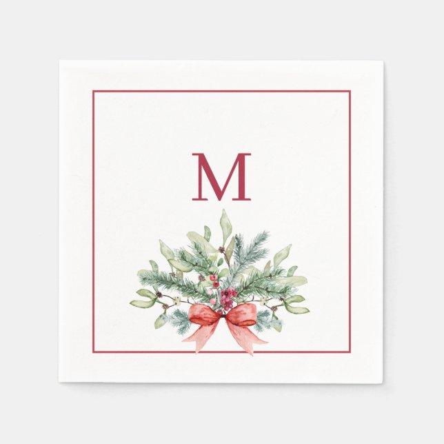 Servilleta De Papel Verde navideño con monograma rojo (Anverso)