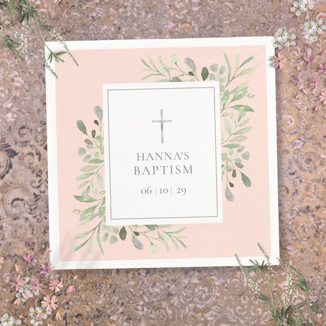 Servilleta De Papel Verde plateado Bautizo Blush Rosa (Greenery Silver Baptism Christening Blush Pink Napkins)