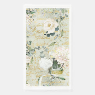 Servilleta De Papel Verde romántico blanco y dorado floral botánica