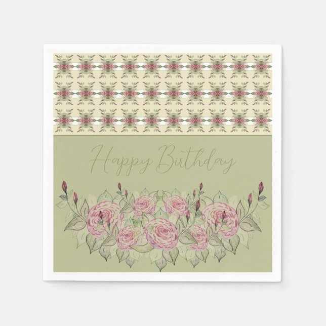 Servilleta De Papel Verde sabio con blanco cremoso y Rosa (Anverso)