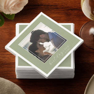 Servilleta De Papel Verde Salvia Mejor Día Foto Cóctel de Boda