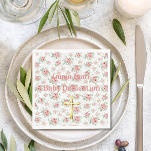 Servilleta De Papel Verde Salvia y Floral Rosa con Nombre Personalizad