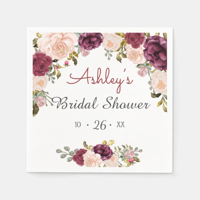 Servilleta De Papel Verdor Borgoña Marsala Red Floral Bridal Ducha (Anverso)