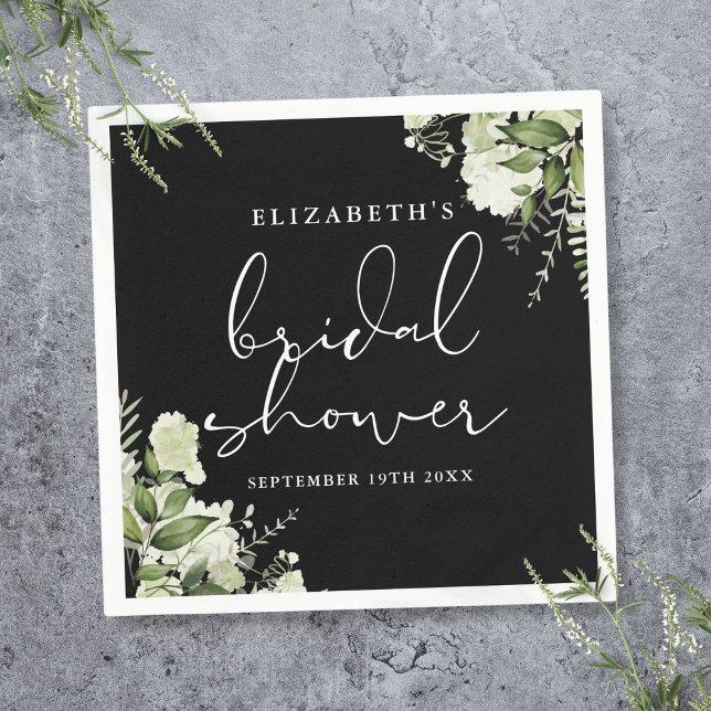 Servilleta De Papel Verdor Elegante Ducha Negra Y Blanca Bridal (Greenery Elegant Black And White Bridal Shower Napkins)