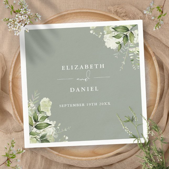 Servilleta De Papel Verdor Floral Elegante Boda Sage Green (Greenery Floral Elegant Sage Green Wedding Napkins)