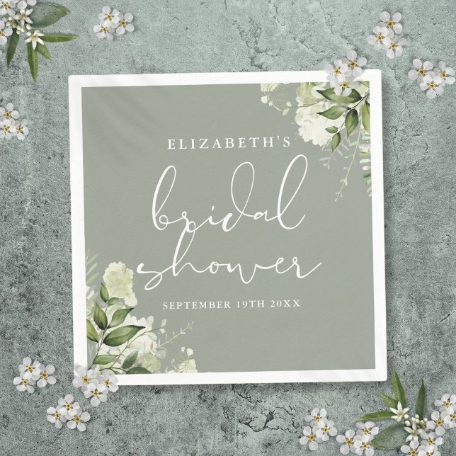 Servilleta De Papel Verdor Floral Elegante Sage Green Bridal Ducha (Greenery Floral Elegant Sage Green Bridal Shower Napkins)