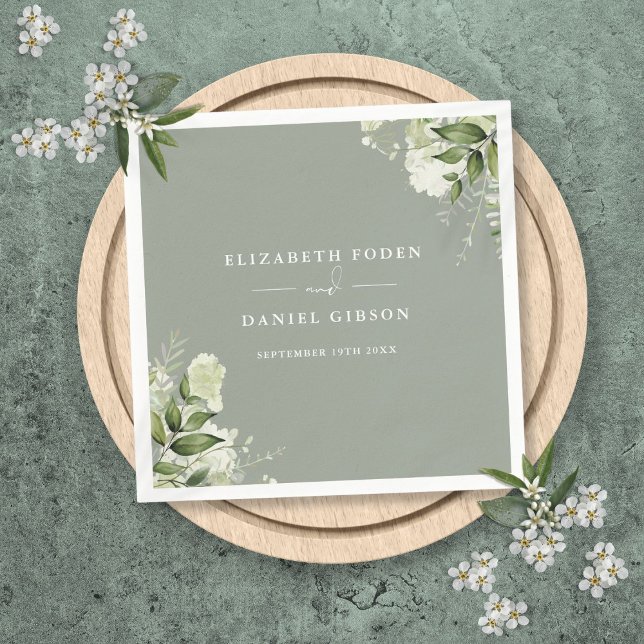 Servilleta De Papel Verdor Floral Elegantes Nombres Fecha Sage Green (Greenery Floral Elegant Names Date Sage Green Napkins)