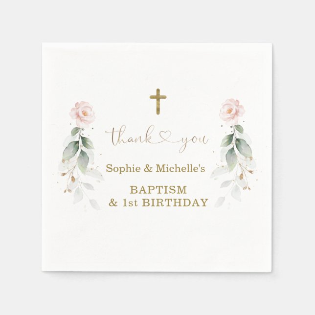 Servilleta De Papel Verdor Oro Floral Rosa Bautismo Primer Cumpleaños (Anverso)