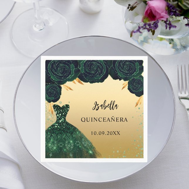 Servilleta De Papel Vestido de oro verde esmeralda de Quinceanera (Subido por el creador)