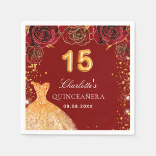 Servilleta De Papel Vestido de purpurina de oro rojo Quinceanera flora