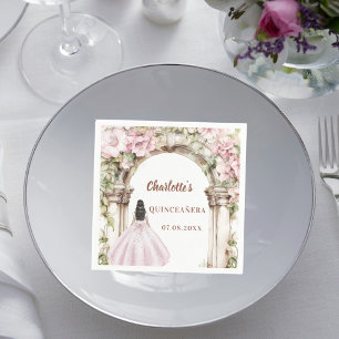 Servilleta De Papel Vestido de quinceañera con arco floral rosa
