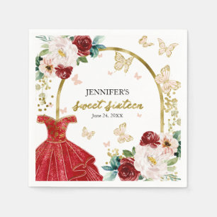 Servilleta De Papel Vestido Floral Rojo Mariposa Cumpleaños Dulces 16
