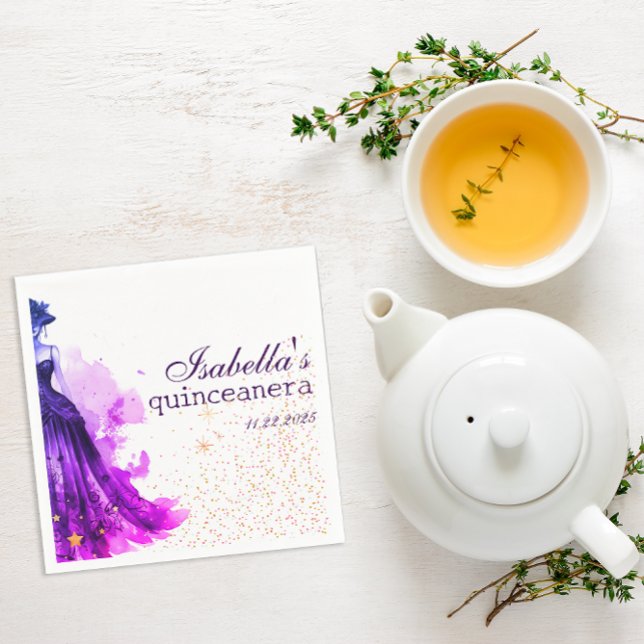 Servilleta De Papel Vestido púrpura Gótico Glam Quince ( These are napkins intended for a Quinceañera, designed with a Gothic Glam aesthetic.)