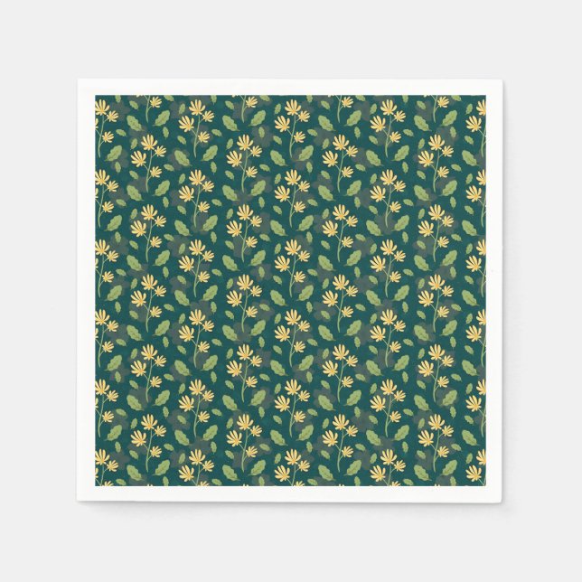 Servilleta De Papel Vibrant Green Pattern with Yellow Flowers & Leaves (Anverso)