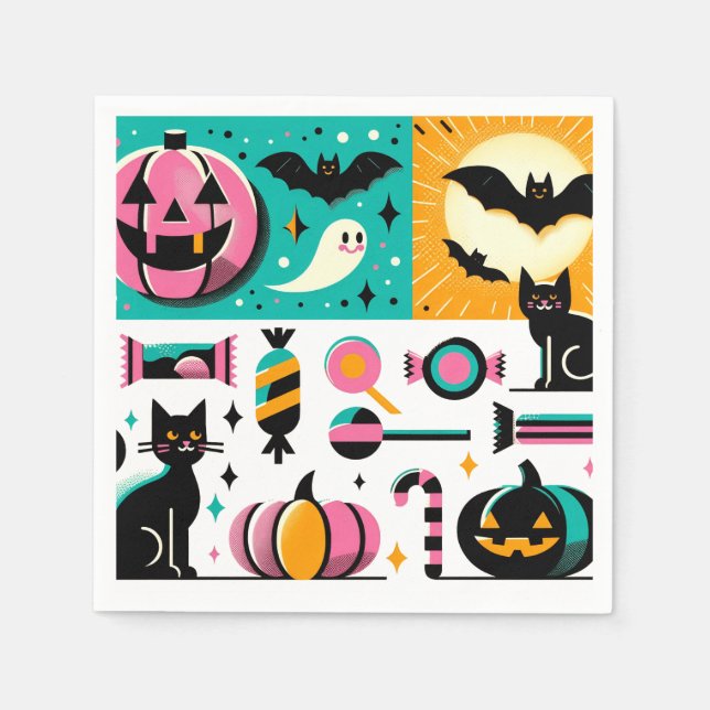 Servilleta De Papel Vibrant Retro Halloween Collage Pink Pumpkin Black (Anverso)