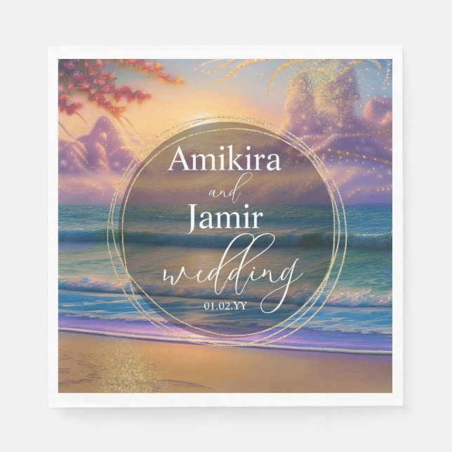 Servilleta De Papel Vibrante Beach Background Faux Purpurina Boda (Anverso)