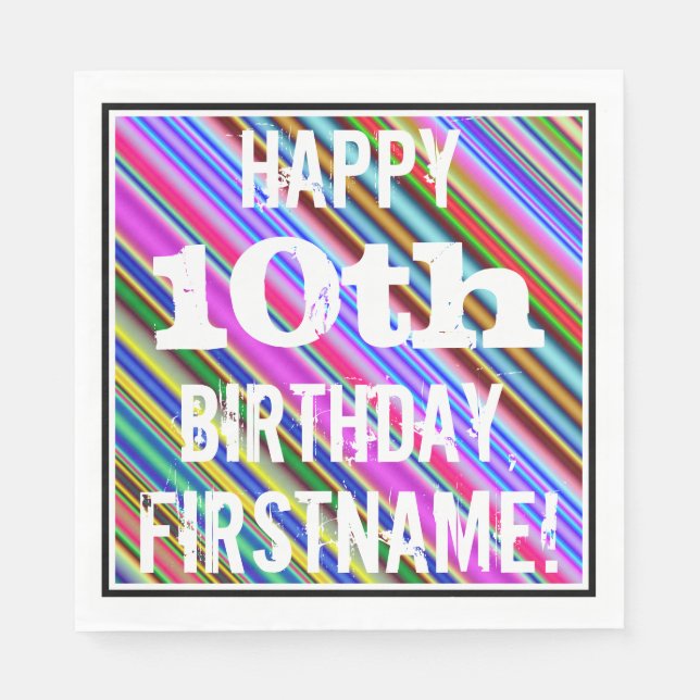 Servilleta De Papel Vibrante, colorido décimo cumpleaños + nombre pers (Anverso)