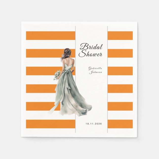 Servilleta De Papel Vibrante Naranja Stripes Watercolor Bridal Shower (Anverso)