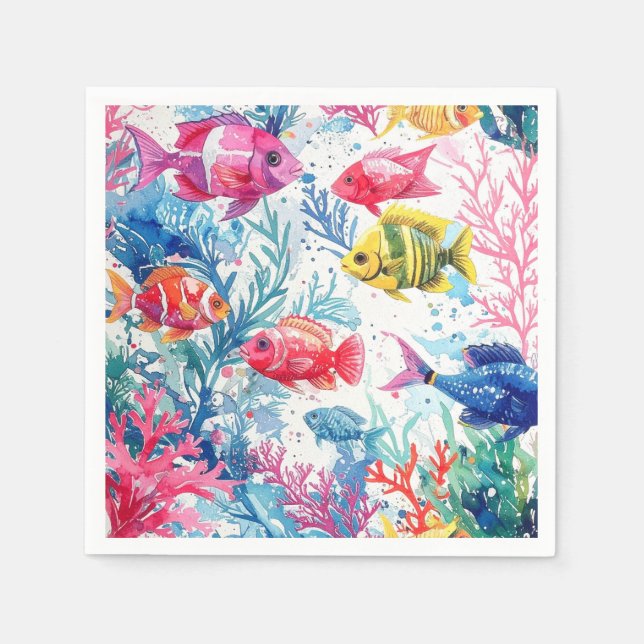 Servilleta De Papel Vibrante patrón de vida marina de acuarela de pece (Anverso)