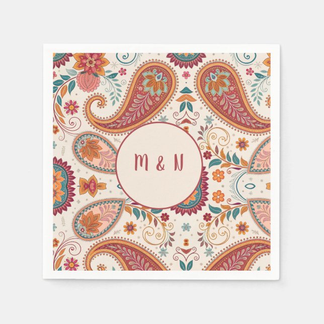 Servilleta De Papel Vibrante patrón floral blanco Paisley Boho (Anverso)