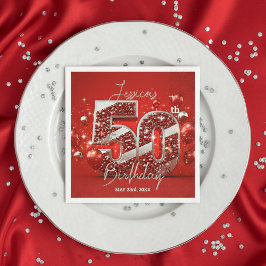 Servilleta De Papel Vibrante Purpurinoso Ruby rojo y plateado 50 cumpl