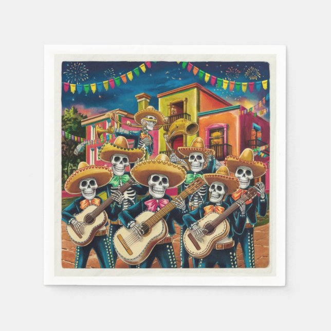 Servilleta De Papel Vibrante Skeleton Mariachi Band Día de Los muertos (Anverso)
