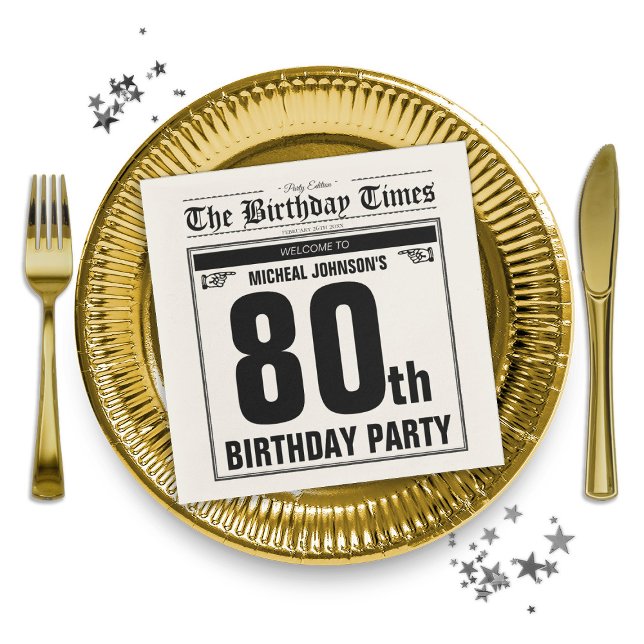 Servilleta De Papel Viejo Personalizado de Viejo Periódico 80 cumpleañ (Vintage Old Newspaper Custom 80th Birthday Party Napkins)