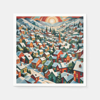 Servilleta De Papel village d'hiver sous la neige vintage