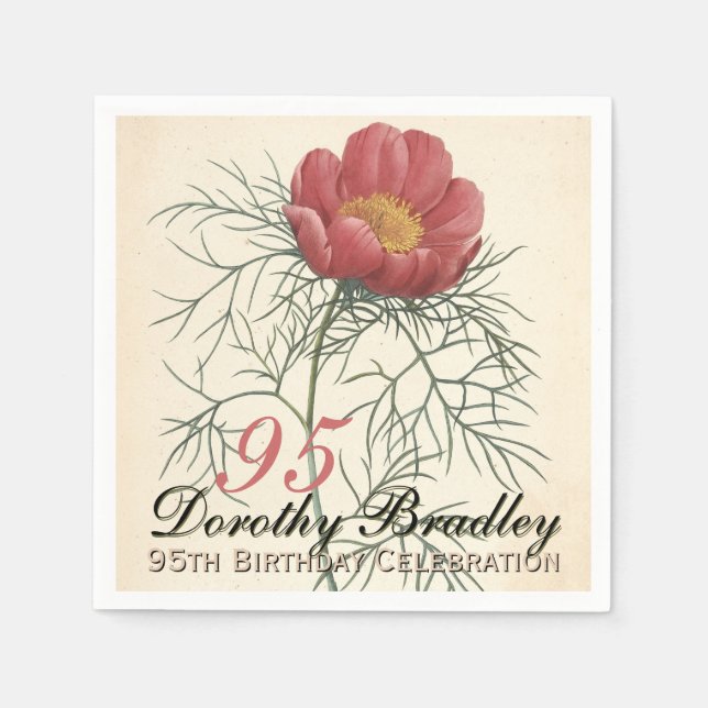 Servilleta De Papel Vinatge Botanical Peony 95th Birthday Party PN (Anverso)
