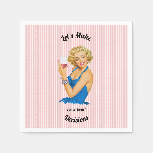 Servilleta De Papel Vino de ama de casa retro rosa con raya (Anverso)