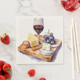 Servilleta De Papel Vino Uvas Queso Vino Vidrio Acuarela