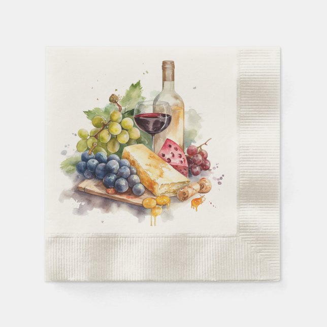 Servilleta De Papel Vino Uvas Queso Vino Vidrio Acuarela (Anverso)