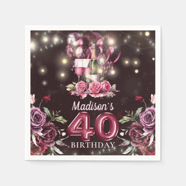 Servilleta De Papel Vino y globos 40 cumpleaños personalizado (Anverso)