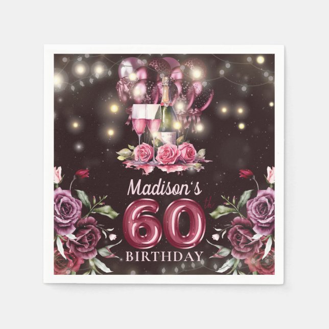 Servilleta De Papel Vino y globos 60 cumpleaños personalizado (Anverso)