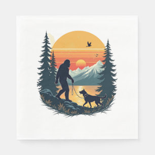 Servilleta De Papel Vintage Bigfoot Perro Caminando Montaña Atardecer 