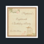 Servilleta De Papel Vintage Bird Cage & Rosas 18th Birthday<br><div class="desc">Elegante personalizado vintage personalizado/personalizado de 18 años de fiesta de celebración servidos para mujeres y chicas. En la parte delantera de estas glamorosas servilletas de papel para fiestas de cumpleaños hay una hermosa imagen impresa de una jaula vintage de pájaro con un pájaro encaramado sobre la jaula con rosas abiertos...</div>