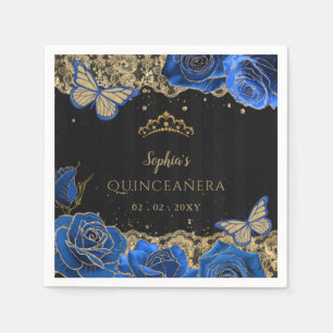 Servilleta De Papel Vintage Blue Rosas Black Gold Lace Quinceañera